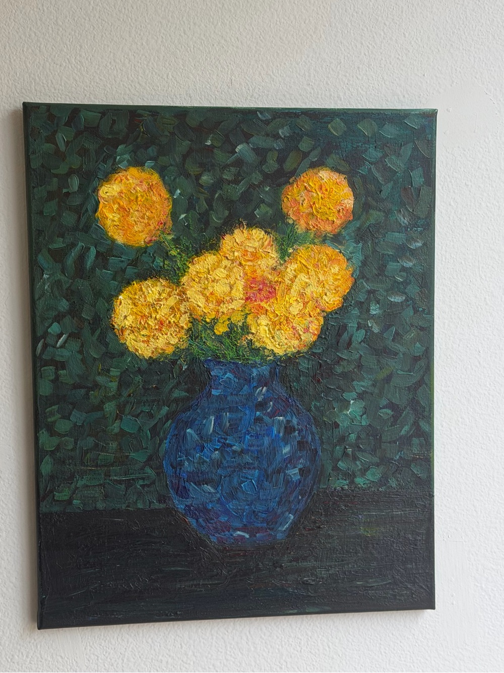 Yellow Mums Flowers Still Life Original Painting in Blue Vase 16”x20” Canvas